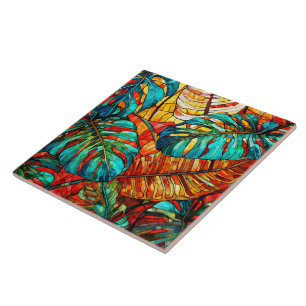Carreau Feuilles tropicaux Vitrail art