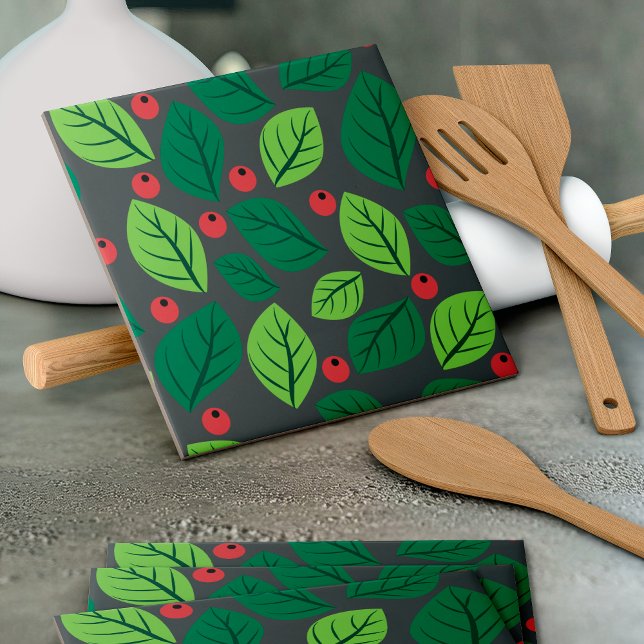 Carreau Feuilles Vertes, Baies Rouges, Motif De Feuilles (Créateur téléchargé)