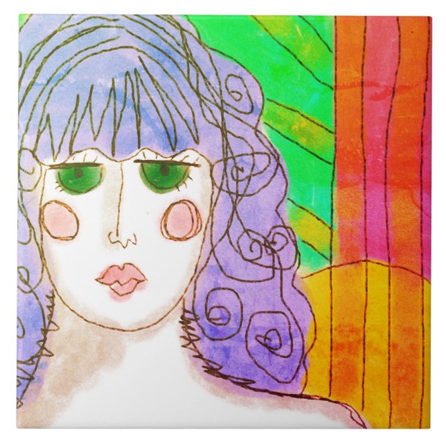 Carreau Fille avec cheveux violets Peinture numérique Abst (Devant)