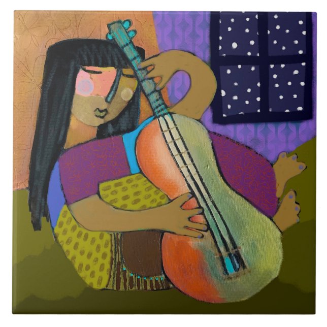 Carreau Fille avec tuile en céramique guitare/Trivet (carr (Devant)