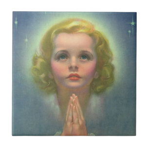 Carreau Fille blonde angélique avec halo et étoiles priant