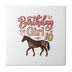 Carreau Fille d'anniversaire 10 Cheval Floral Design Vecto
