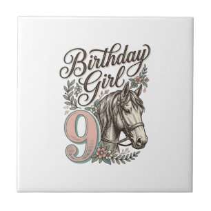 Carreau Fille d'anniversaire 9 Cheval Floral Gravure Vinta