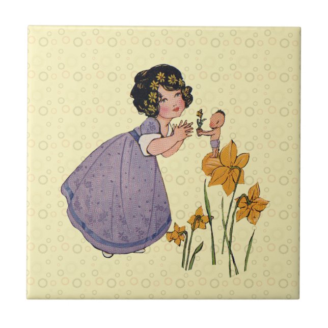 Carreau Fille Elf Fairy Daffodil Antique Pâques (Devant)
