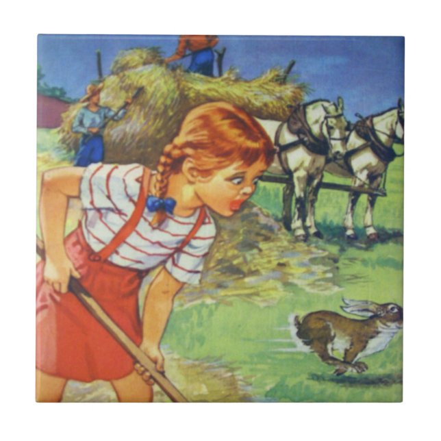 Carreau Fille et foin en céramique de ferme de Tuile-Pays (Devant)