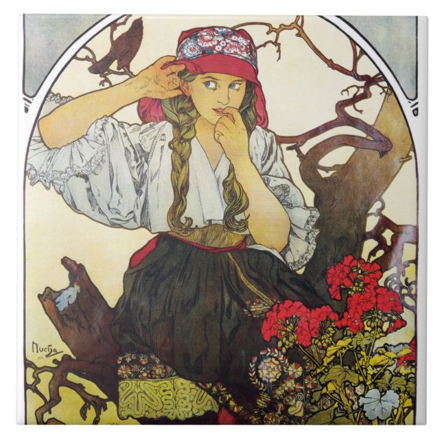 Carreau Fille et géranium, Mucha (Devant)