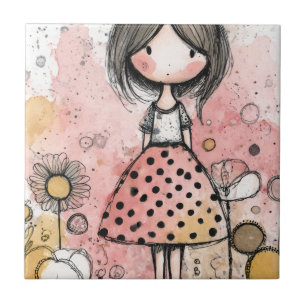 Carreau Fille Fantaisiste Aquarelle avec Accents Floraux (
