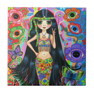Carreau Fille hippie de sirène avec des fleurs et des