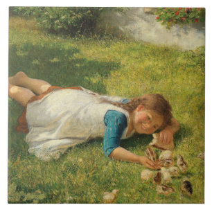 Carreau Fille Jouer avec des poules (poule et poulet)