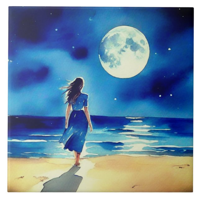 Carreau Fille sur la plage sous une Pleine lune (Devant)