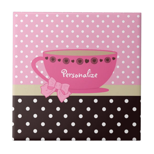 Carreau Fille Teacup rose et Brown Polka Dot Bow et nom (Devant)