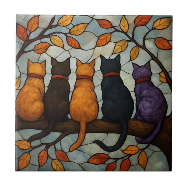 Carreau Five Cats on a Tree Branch Stained Glass Style (Devant)