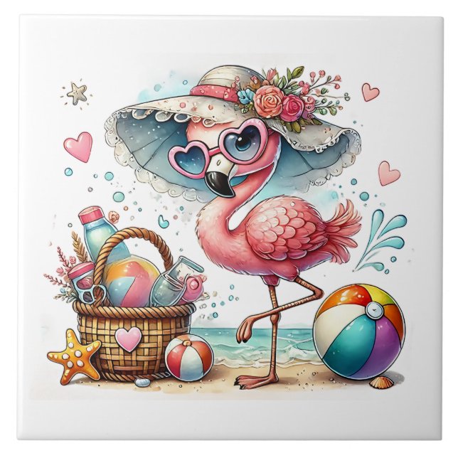 Carreau Flamant rose de plage amusant  (Devant)