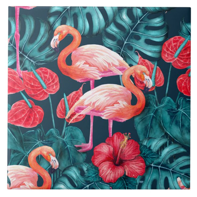 Carreau Flamant rose et aquarelle du jardin tropical (Devant)