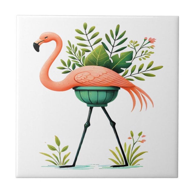 Carreau Flamant rose lunatique et Plantes (Devant)