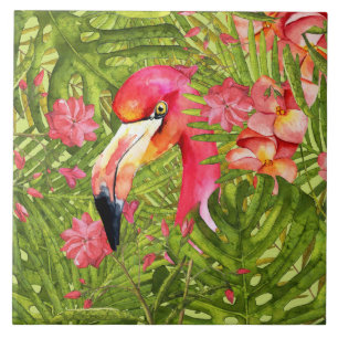 Carreau Flamant rose rose dans la paume et la jungle de