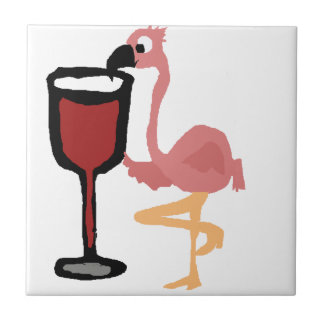 Carreau Flamant rose rose drôle buvant du vin rouge
