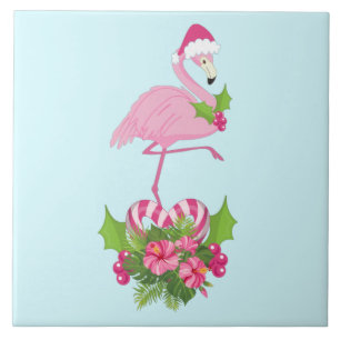 Carreau Flamant rose rose en Santa Hat avec Sucre de canne