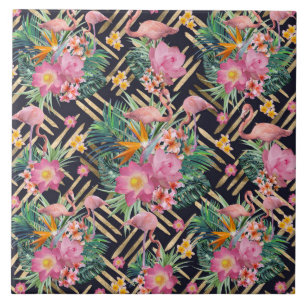 Carreau flamants et strokies tropicaux à fleurs et or