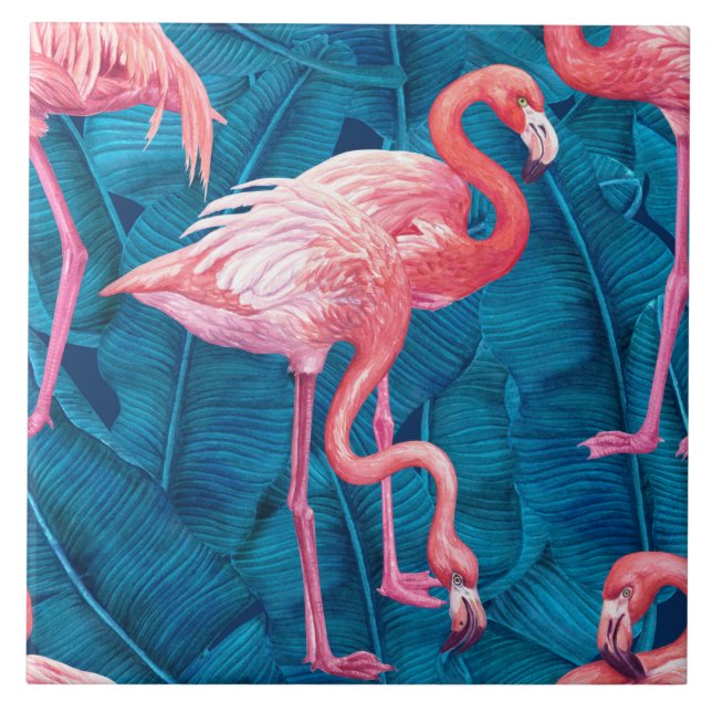 Carreau Flamants roses sur feuilles de bananes bleues (Devant)