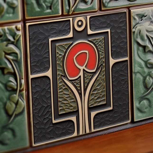 Carreau Fleur Abstraite noire et rouge du milieu du siècle (Créateur téléchargé)