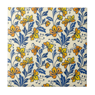 Carreau Fleur Bleue Feuillue de Style Folk Orange Jaune Vi