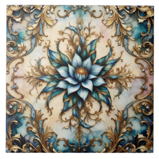 Carreau Fleur bleue, motif de feuilles bleu-vert et or