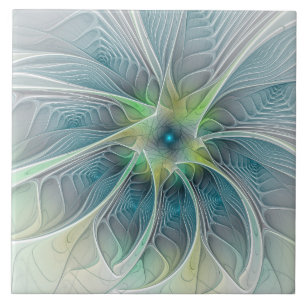 Carreau Fleur de fantaisie moderne bleue verte fractale