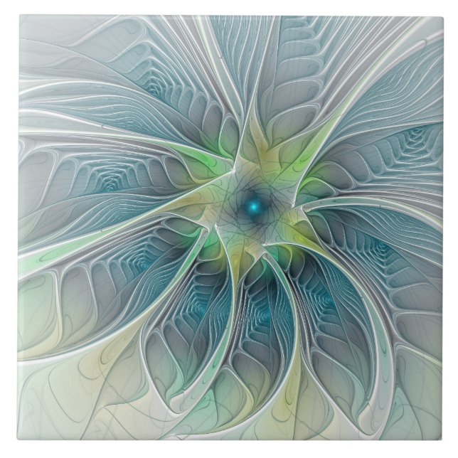 Carreau Fleur de fantaisie moderne bleue verte fractale (Devant)