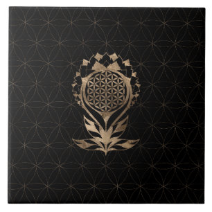 Carreau Fleur de la vie Lotus - Noir et Or