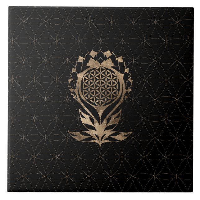 Carreau Fleur de la vie Lotus - Noir et Or (Devant)
