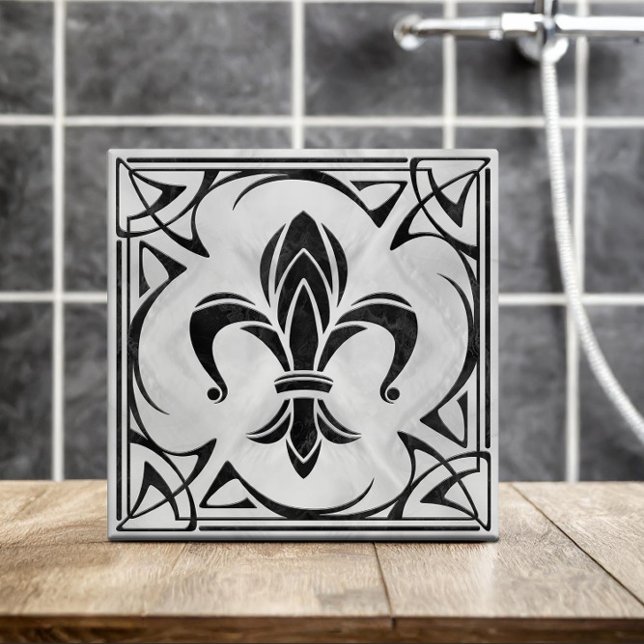 Carreau Fleur-De-Lis - Art Nouveau -Marbre noir et perle (Créateur téléchargé)