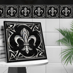 Carreau Fleur-De-Lis - Art Nouveau -Marbre noir et perle