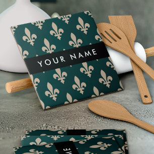 Carreau Fleur de Lis, Beige sur Vert, Royal, Votre Nom