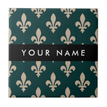 Fleur de Lis, Beige sur Vert, Royal, Votre Nom