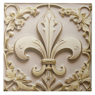 Carreau Fleur de Lis Crème Antique Or Beige Faux Relief