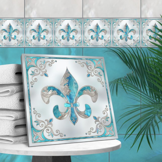 Carreau Fleur de lis de luxe -Aquamarine et Pearl (Créateur téléchargé)