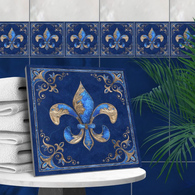 Carreau Fleur de lis de luxe - marbre bleu et or (Créateur téléchargé)