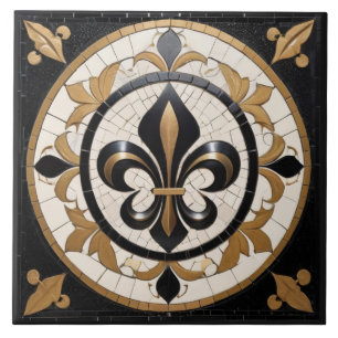 Carreau Fleur de Lis Faux Mosaic noir blanc et or