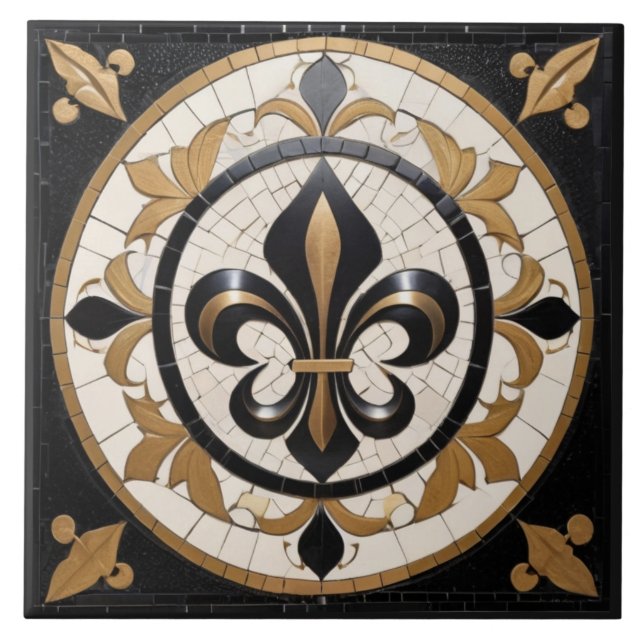 Carreau Fleur de Lis Faux Mosaic noir blanc et or (Devant)