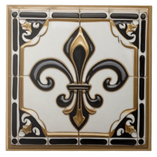 Carreau Fleur de Lis Faux Relief Noir Blanc et Or