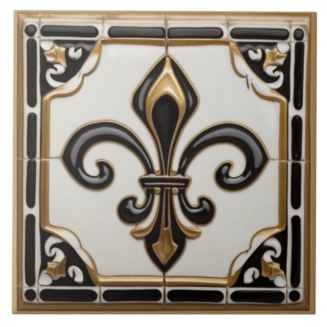 Carreau Fleur de Lis Faux Relief Noir Blanc et Or (Devant)