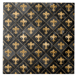 Carreau Fleur de lis motif Marbre noir et or