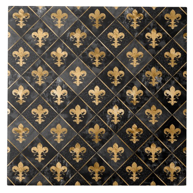 Carreau Fleur de lis motif Marbre noir et or (Devant)