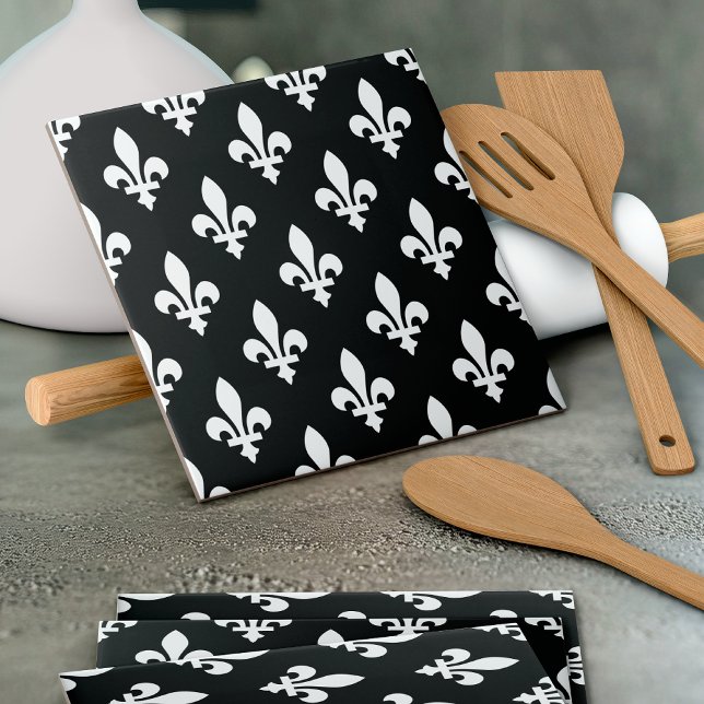 Carreau Fleur de Lis Motif, Royal French, Blanc sur Noir (Créateur téléchargé)