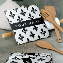 Fleur de Lis, Noir sur Blanc, Noir, Votre Nom
