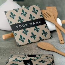 Fleur de Lis, Vert sur Beige, Royal, Votre Nom