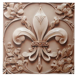 Carreau Fleur de Lis Vintage Antique Brown Faux Relief
