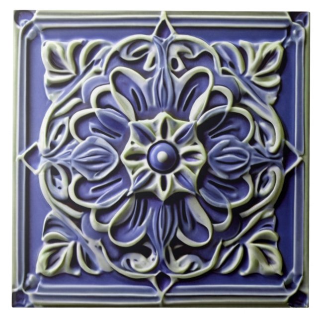 Carreau Fleur de relief bleu foncé traditionnel Indigo Fau (Devant)