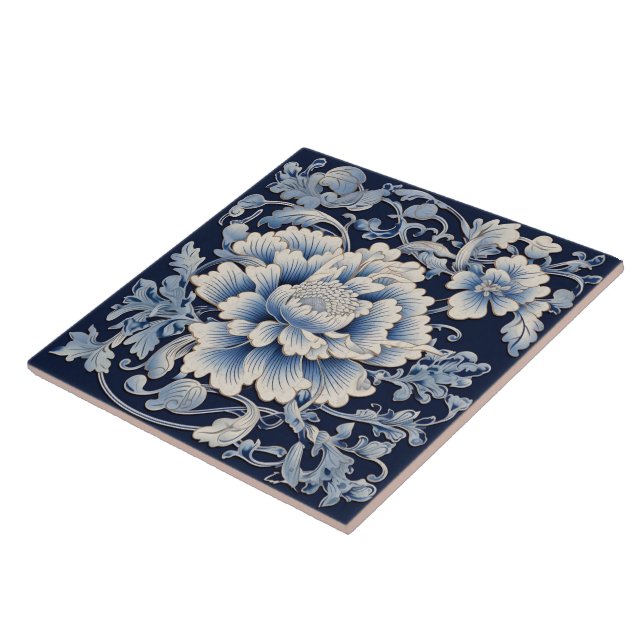 Carreau Fleur d'encre bleue chinoise traditionnelle Art 7 (Côté)